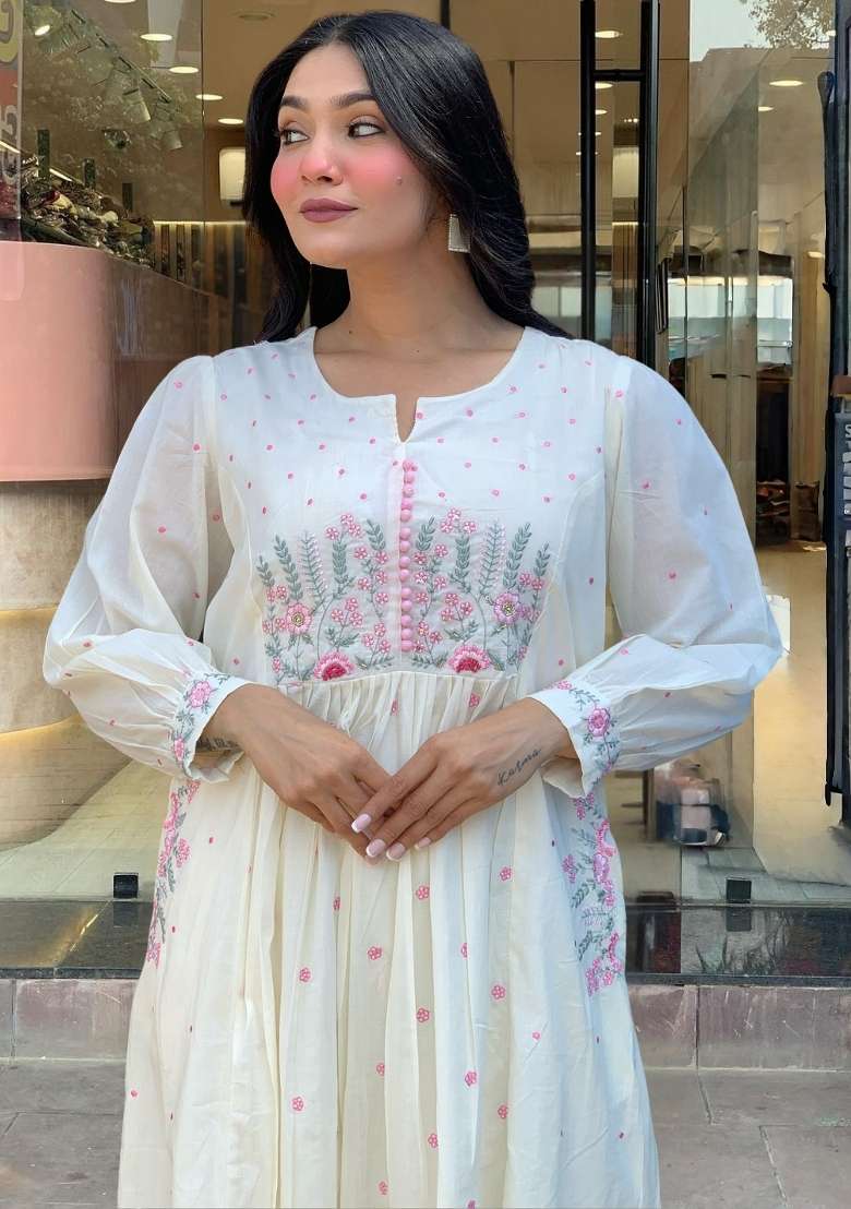 White Embroidered Cotton Anarkali Set - Indya