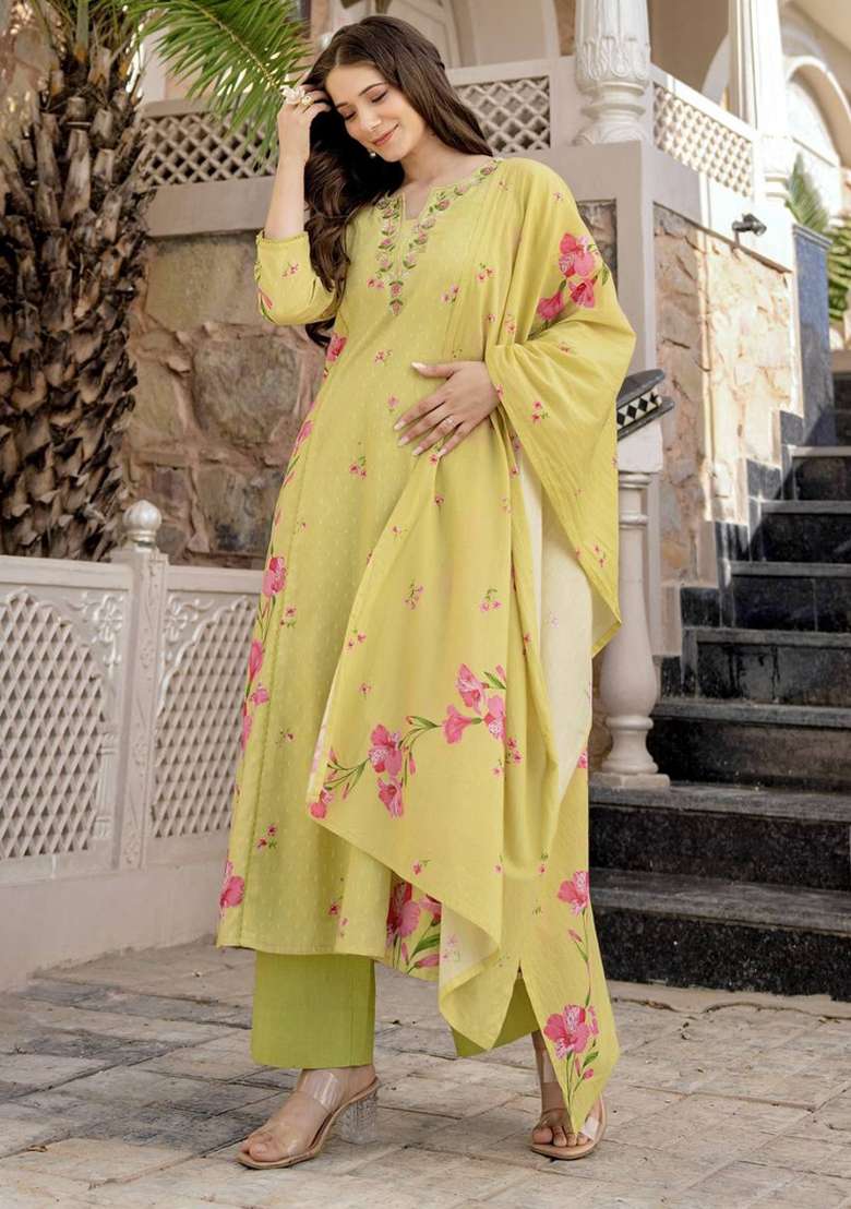 Lemon Embroidered Chanderi Straight Kurta Set - Indya