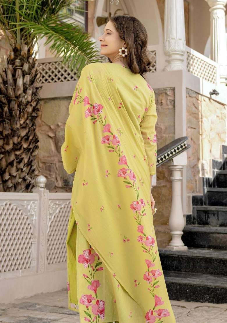 Lemon Embroidered Chanderi Straight Kurta Set - Indya