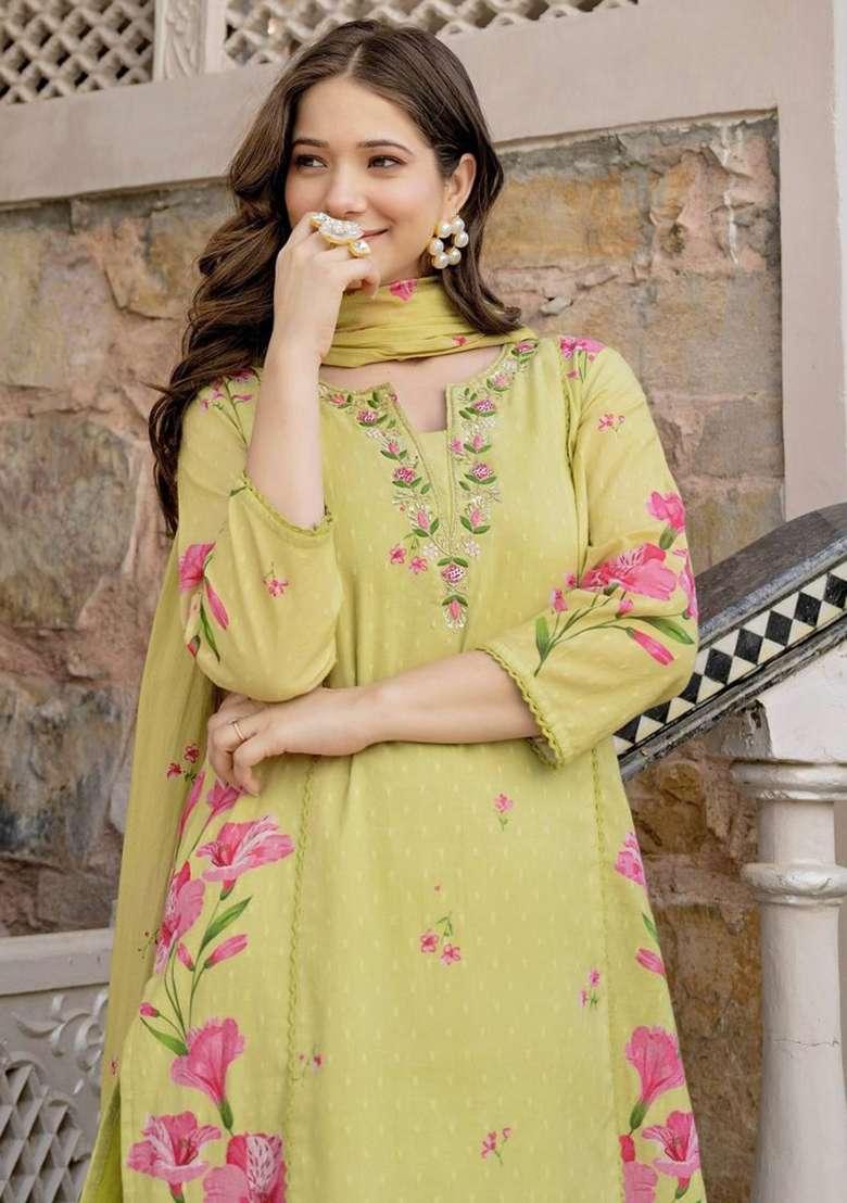 Lemon Embroidered Chanderi Straight Kurta Set - Indya