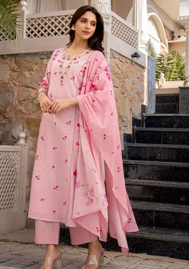 Pink Embroidered Chanderi Straight Kurta Set - Indya