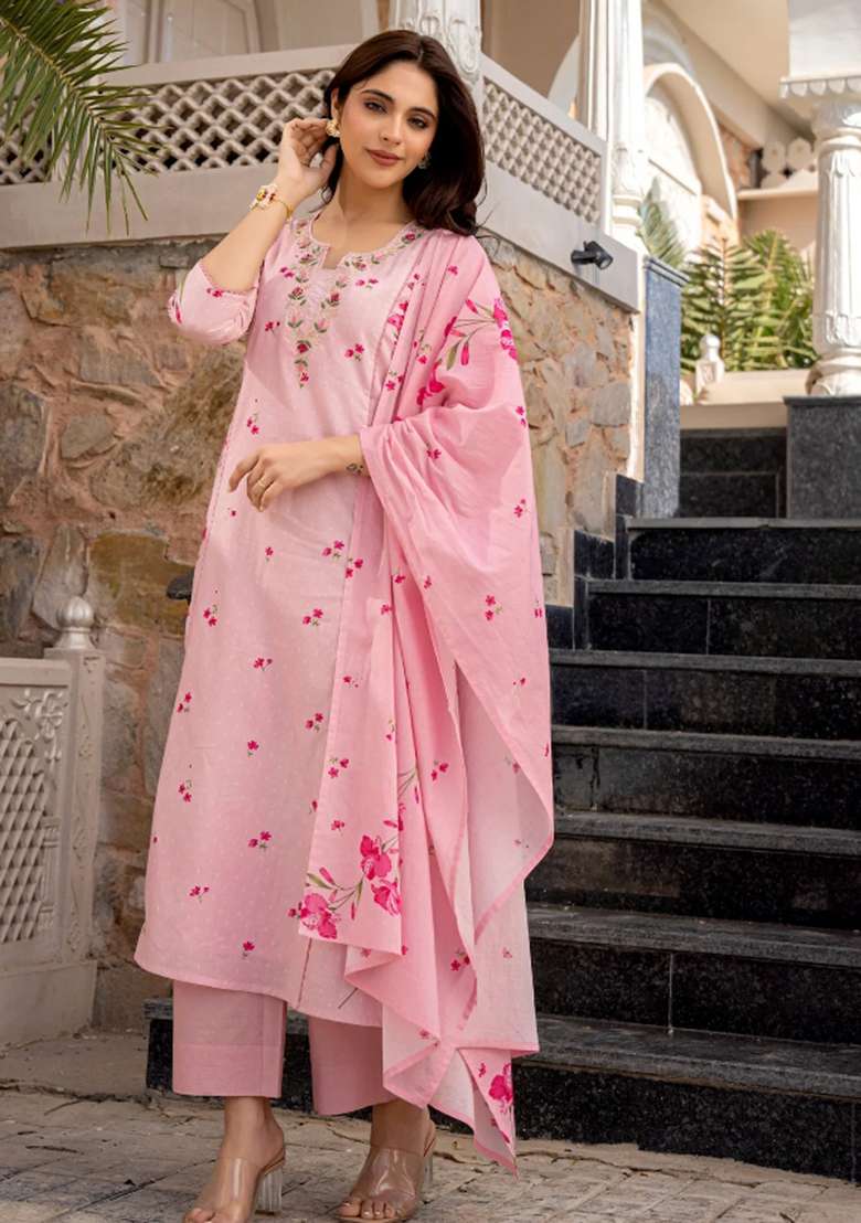 Pink Embroidered Chanderi Straight Kurta Set - Indya