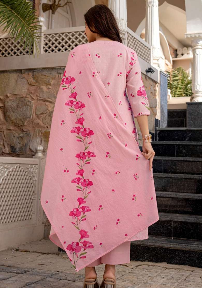 Pink Embroidered Chanderi Straight Kurta Set - Indya