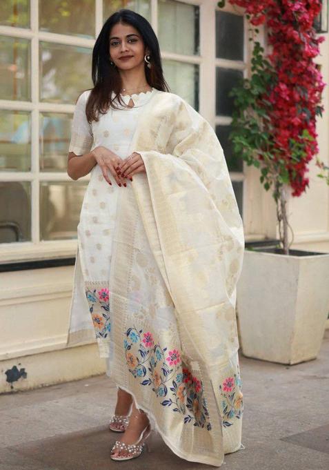 White Printed Viscose Jacquard Kurta Set