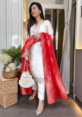 White Embroidered Chanderi Jacquard Kurta Set