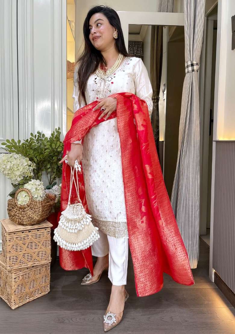 White Embroidered Chanderi Straight Kurta Set - Indya