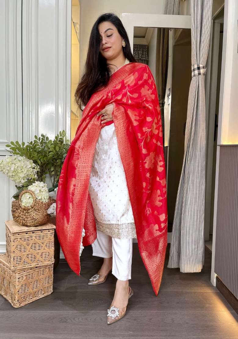 White Embroidered Chanderi Straight Kurta Set - Indya