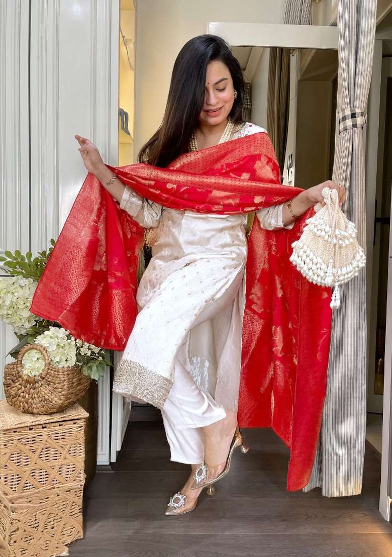 White Embroidered Chanderi Straight Kurta Set - Indya