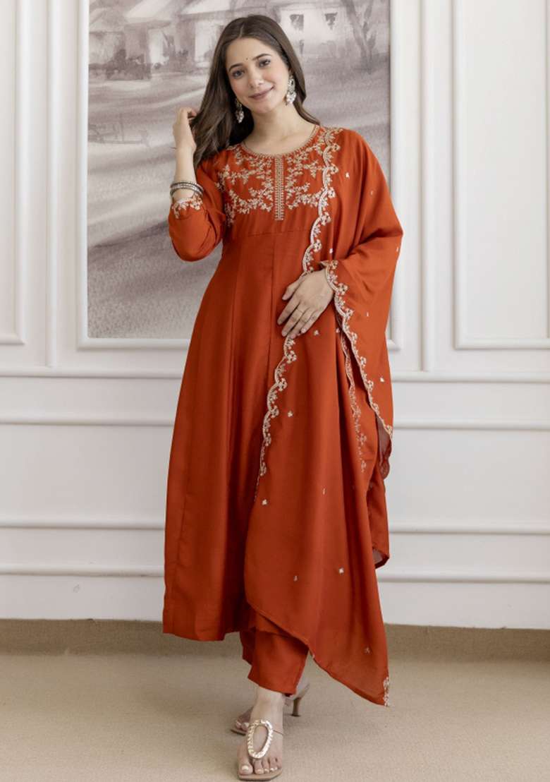 Orange Embroidered Silk Blend Pakistani Suit Set - Indya