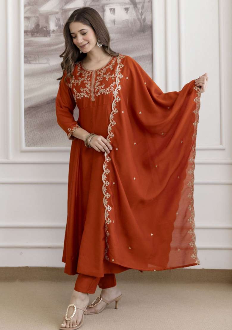 Orange Embroidered Silk Blend Pakistani Suit Set - Indya