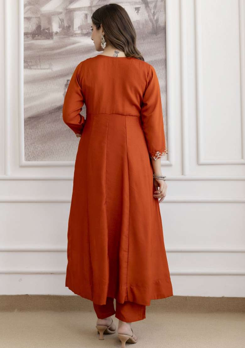Orange Embroidered Silk Blend Pakistani Suit Set - Indya