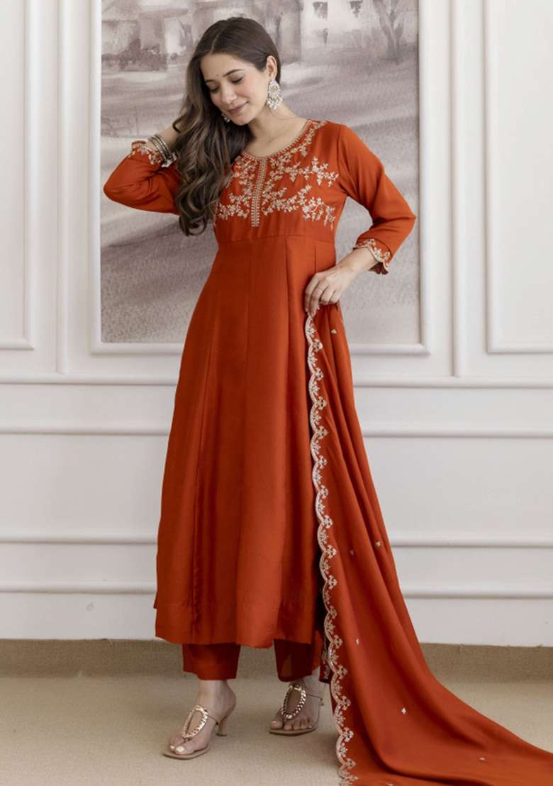 Orange Embroidered Silk Blend Pakistani Suit Set - Indya