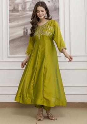 Light Green Embroidered Vichitra Silk Kurta Set