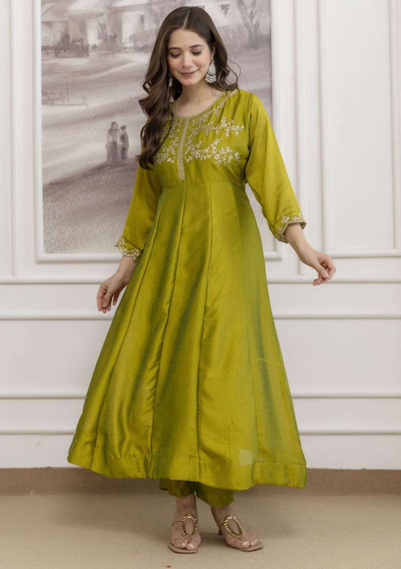 Light Green Embroidered Vichitra Anarkali Set - Indya