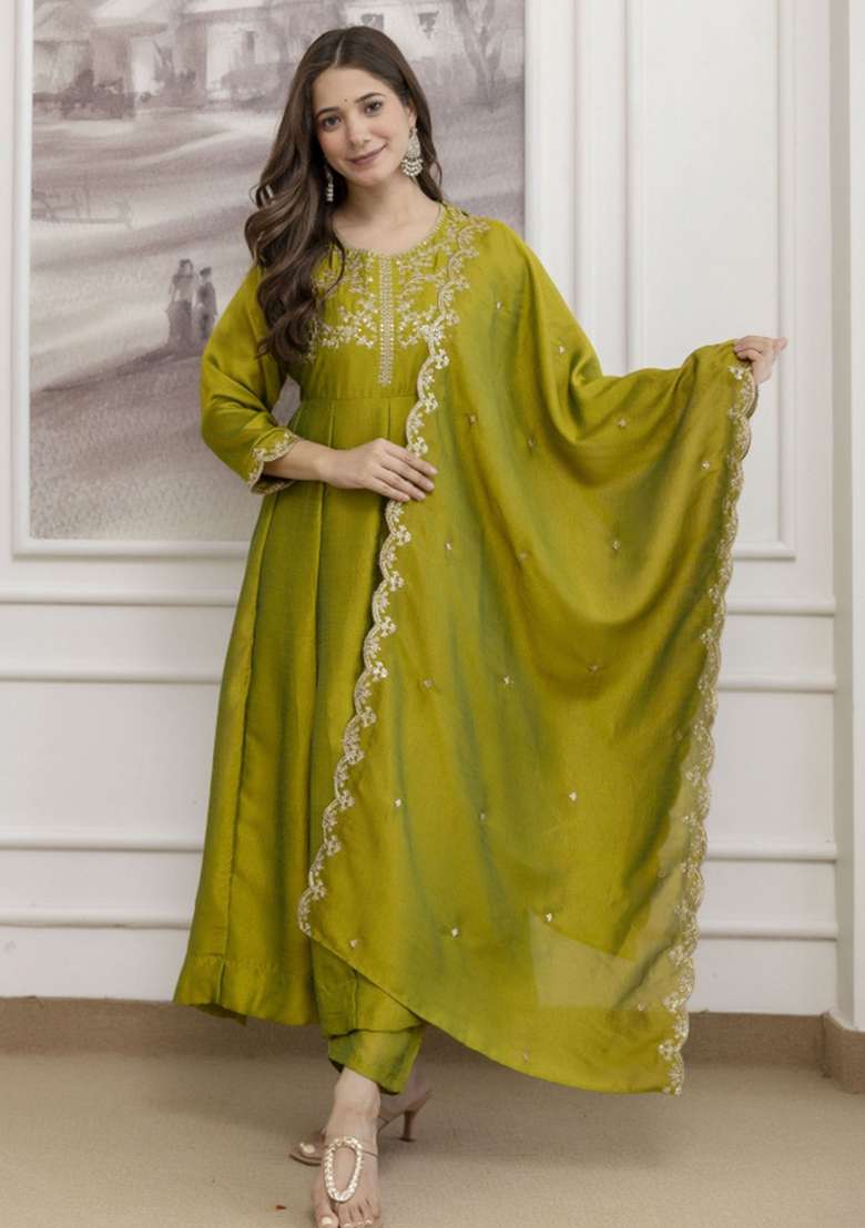 Light Green Embroidered Vichitra Anarkali Set - Indya