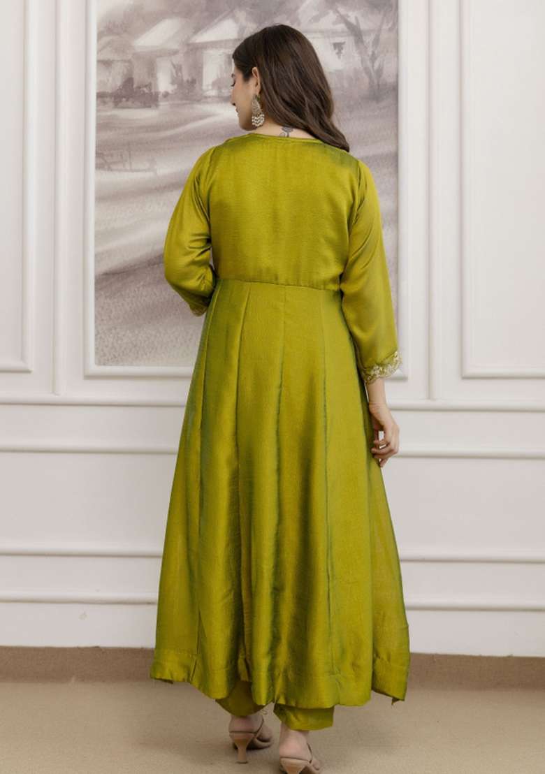 Light Green Embroidered Vichitra Anarkali Set - Indya