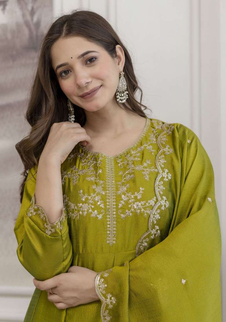 Light Green Embroidered Vichitra Anarkali Set - Indya