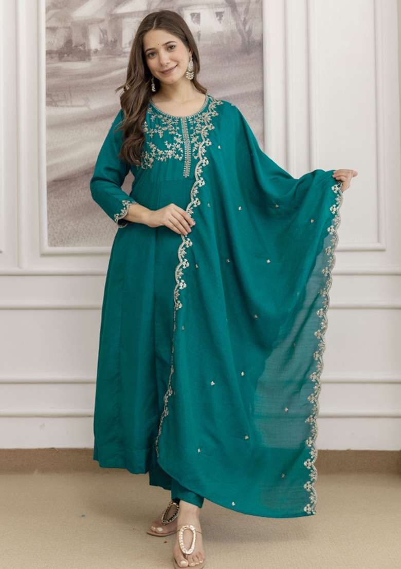 Rama Embroidered Silk Blend A Line Kurta Set - Indya