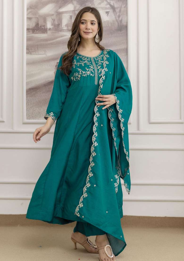 Rama Embroidered Silk Blend A Line Kurta Set - Indya