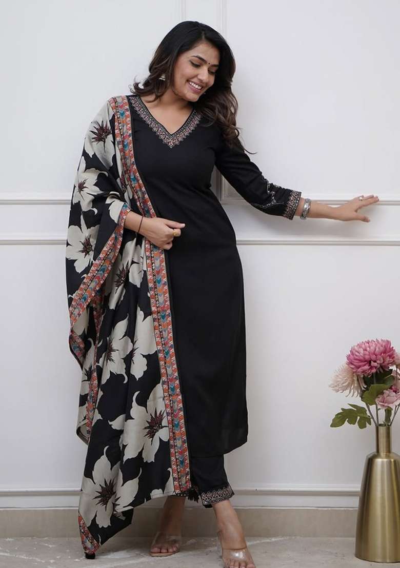 Black Solid Silk Blend Straight Kurta Set - Indya