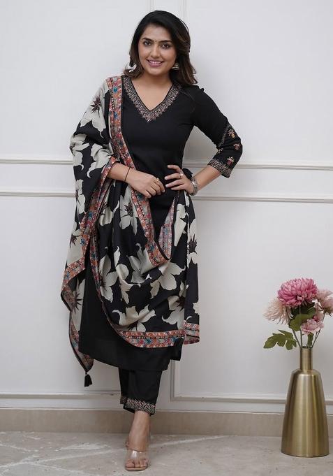 Black Embroidered Viscose Silk Kurta Set