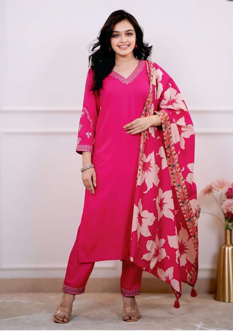 Pink Solid Silk Straight Kurta Set - Indya