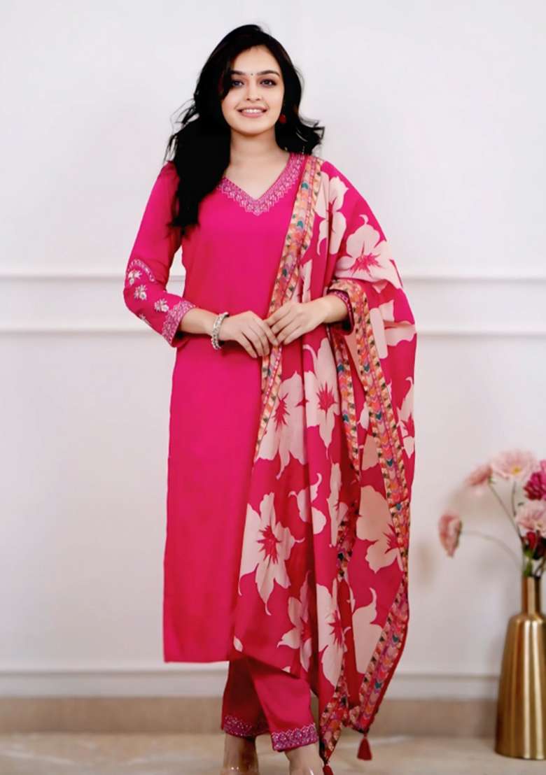 Pink Solid Silk Straight Kurta Set - Indya