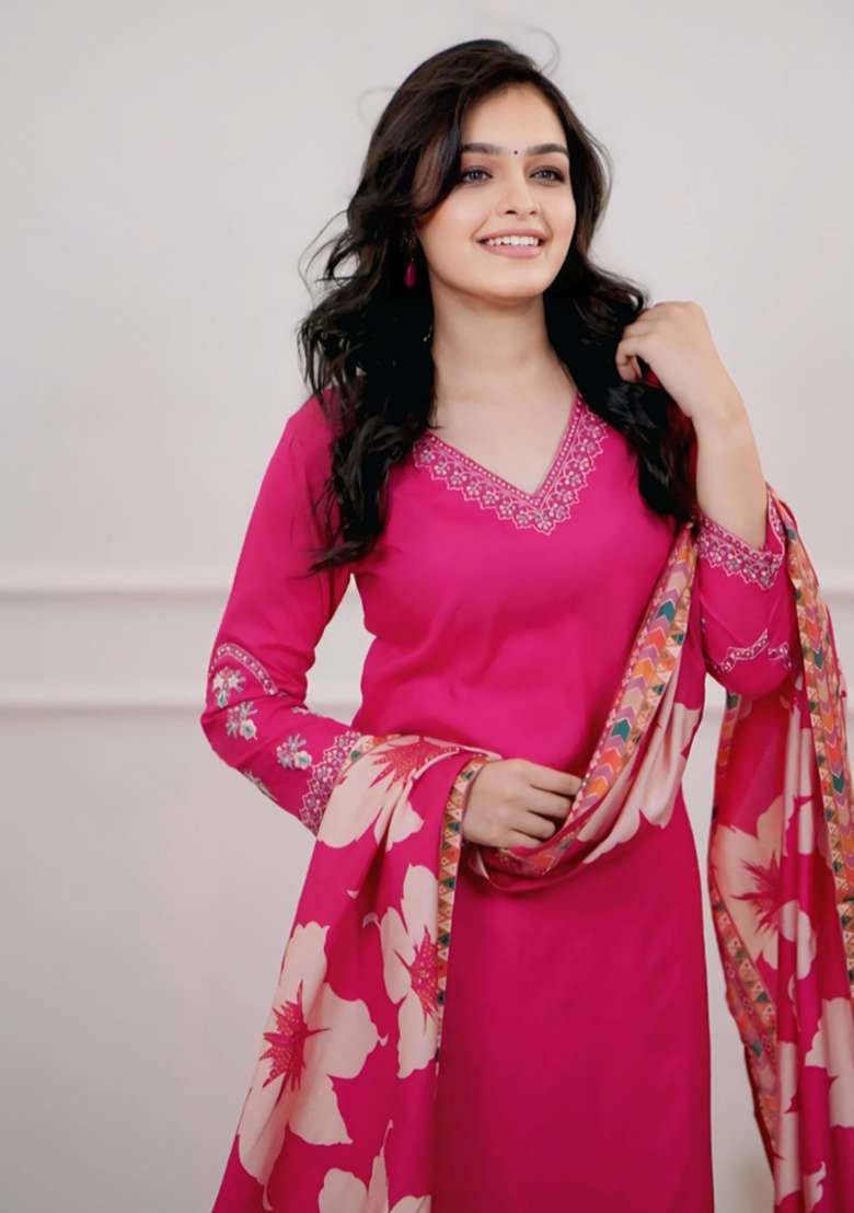 Pink Solid Silk Straight Kurta Set - Indya