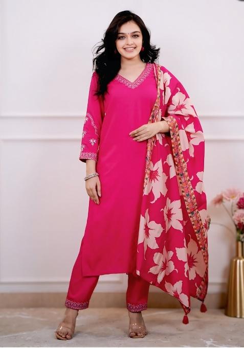 Pink Embroidered Viscose Silk Kurta Set
