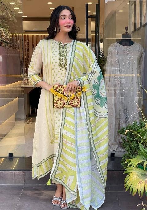 Multi Embroidered Linen Silk Kurta Set