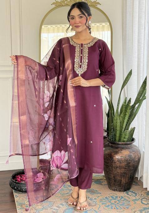 Wine Embroidered Rayon Kurta Set