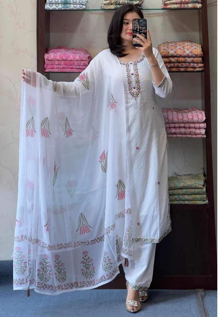 White Embroidered Georgette Straight Kurta Set - Indya