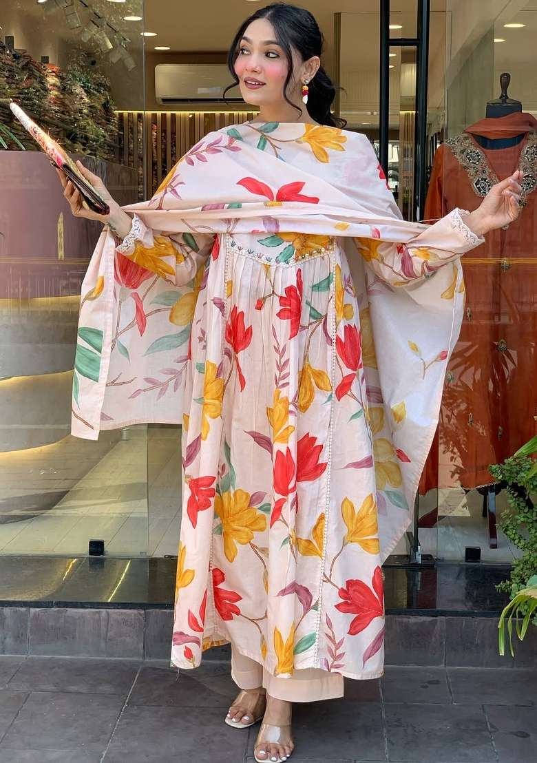 Peach Floral Print Cotton Anarkali Set - Indya