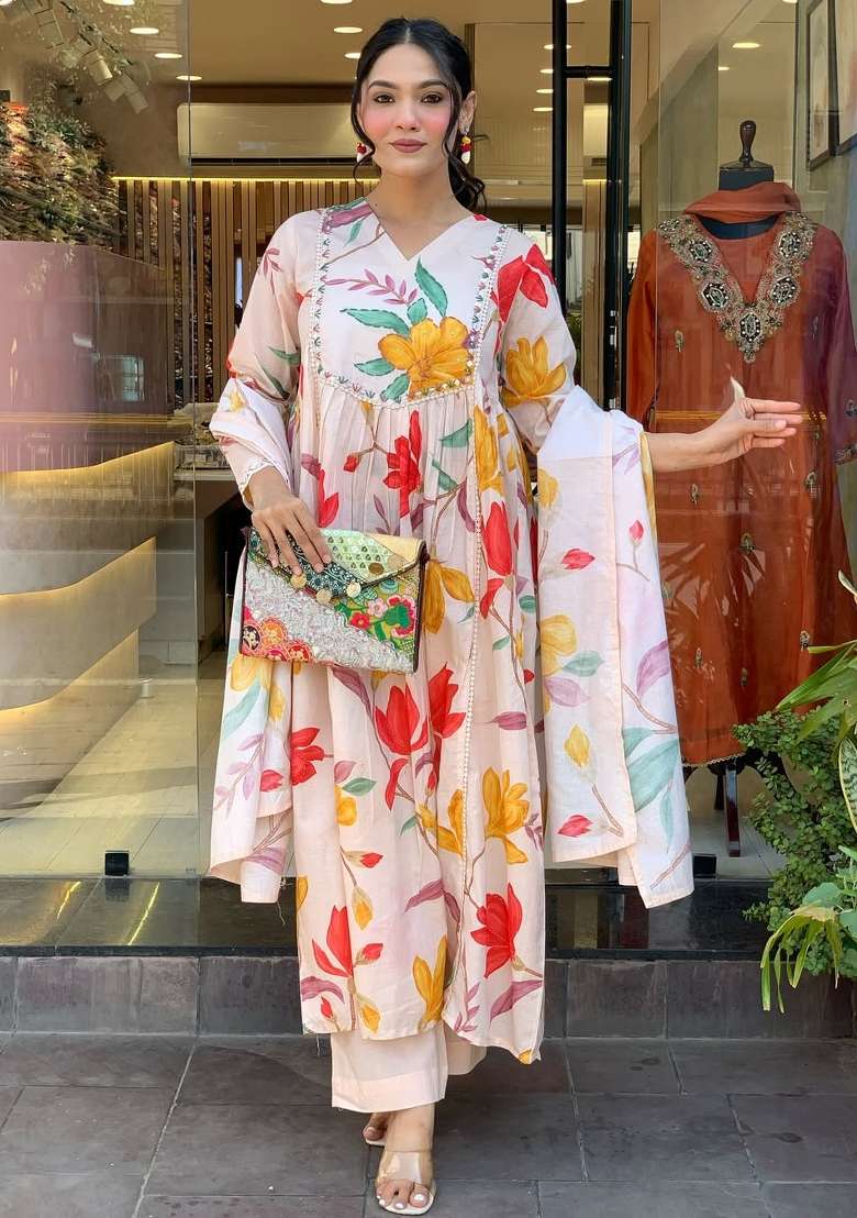 Peach Floral Print Cotton Anarkali Set - Indya