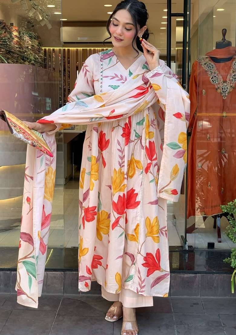 Peach Floral Print Cotton Anarkali Set - Indya