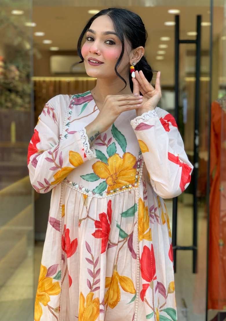 Peach Floral Print Cotton Anarkali Set - Indya