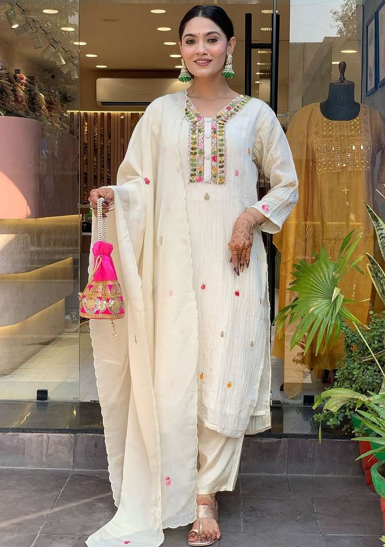 Off White Embroidered Chinon Straight Kurta Set - Indya