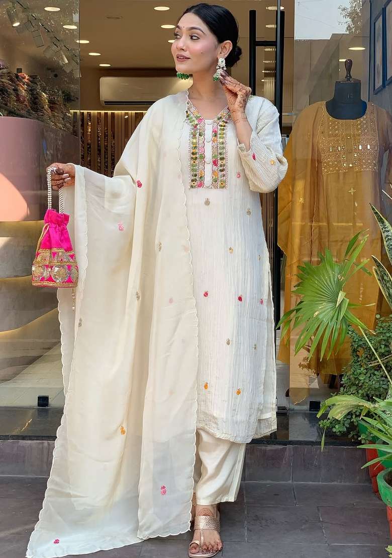 Off White Embroidered Chinon Straight Kurta Set - Indya