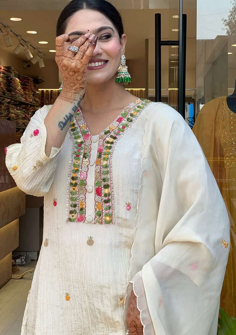 Off White Embroidered Chinon Straight Kurta Set - Indya