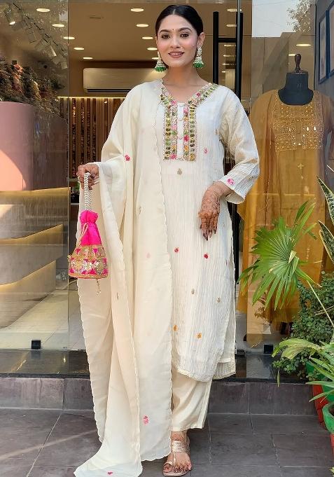 Off White Embroidered Chinon Kurta Set