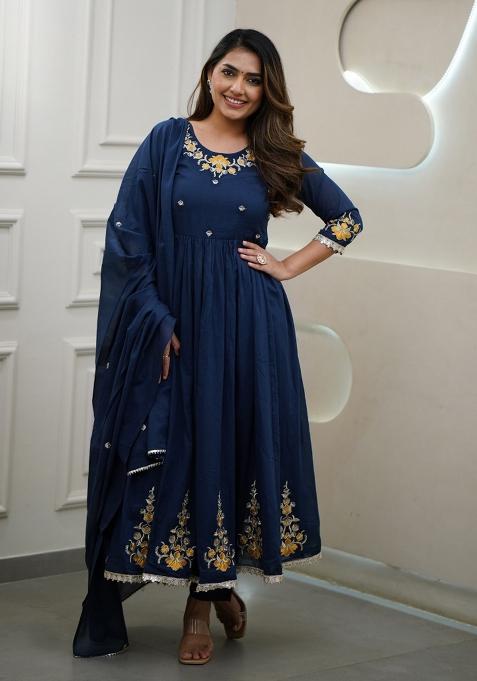 Blue Embroidered Viscose Kurta Set