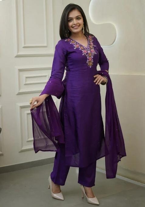 Purple Embroidered Vichitra Kurta Set