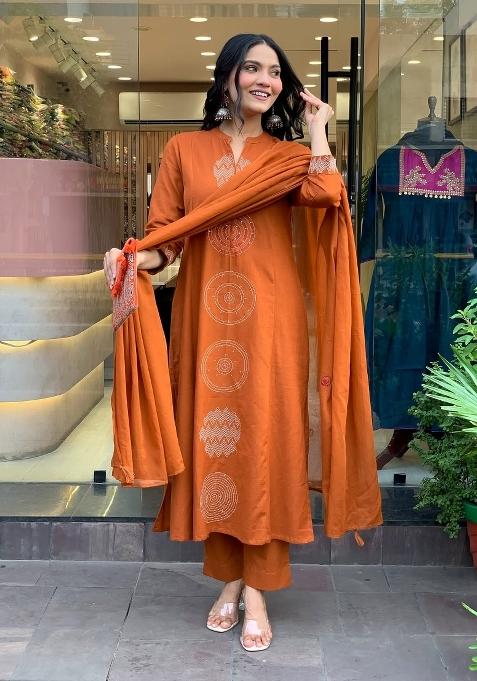 Orange Embroidered Chanderi Kurta Set