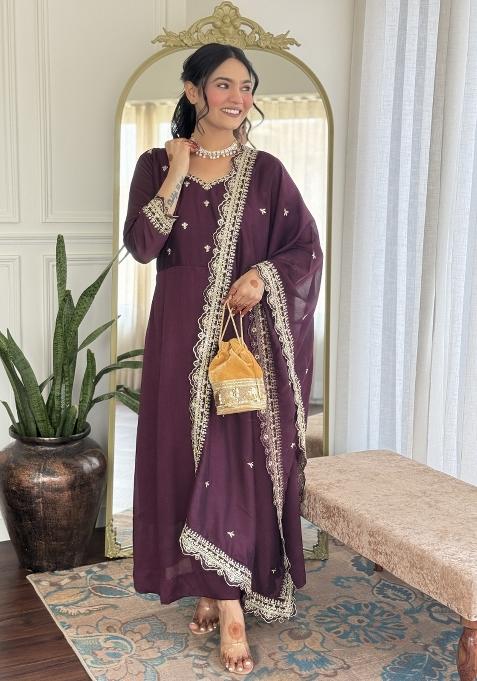 Wine Embroidered Vichitra Silk Kurta Set
