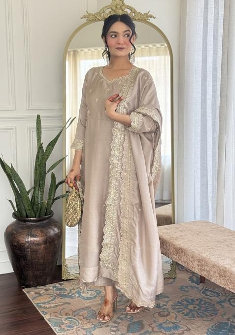 Cream Embroidered Vichitra Silk Kurta Set