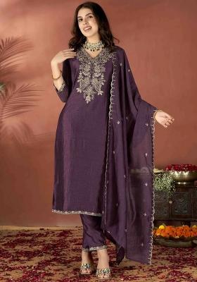 Wine Embroidered Vichitra Straight Kurta Set