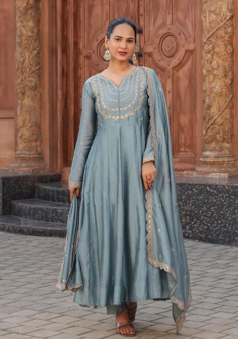 Teal Blue Embroidered Vichitra Anarkali Set - Indya