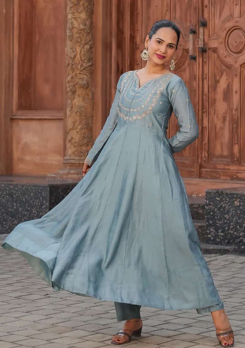 Teal Blue Embroidered Vichitra Anarkali Set - Indya