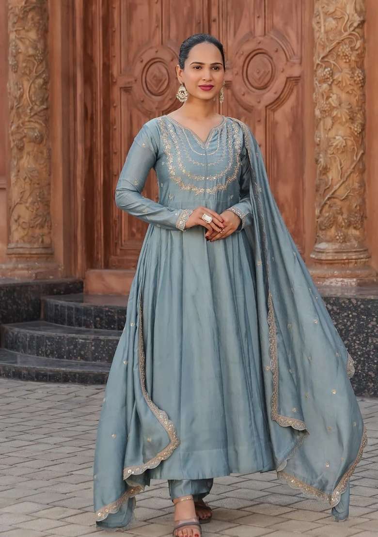 Teal Blue Embroidered Vichitra Anarkali Set - Indya