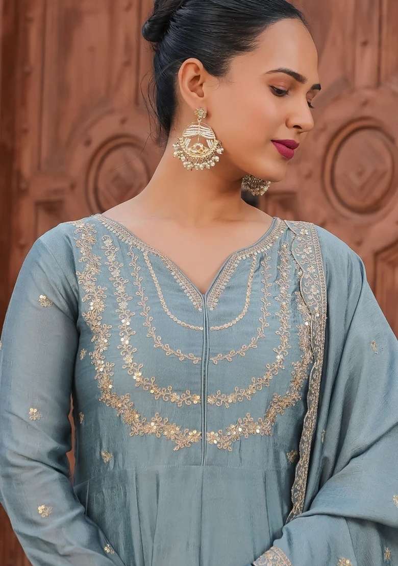 Teal Blue Embroidered Vichitra Anarkali Set - Indya